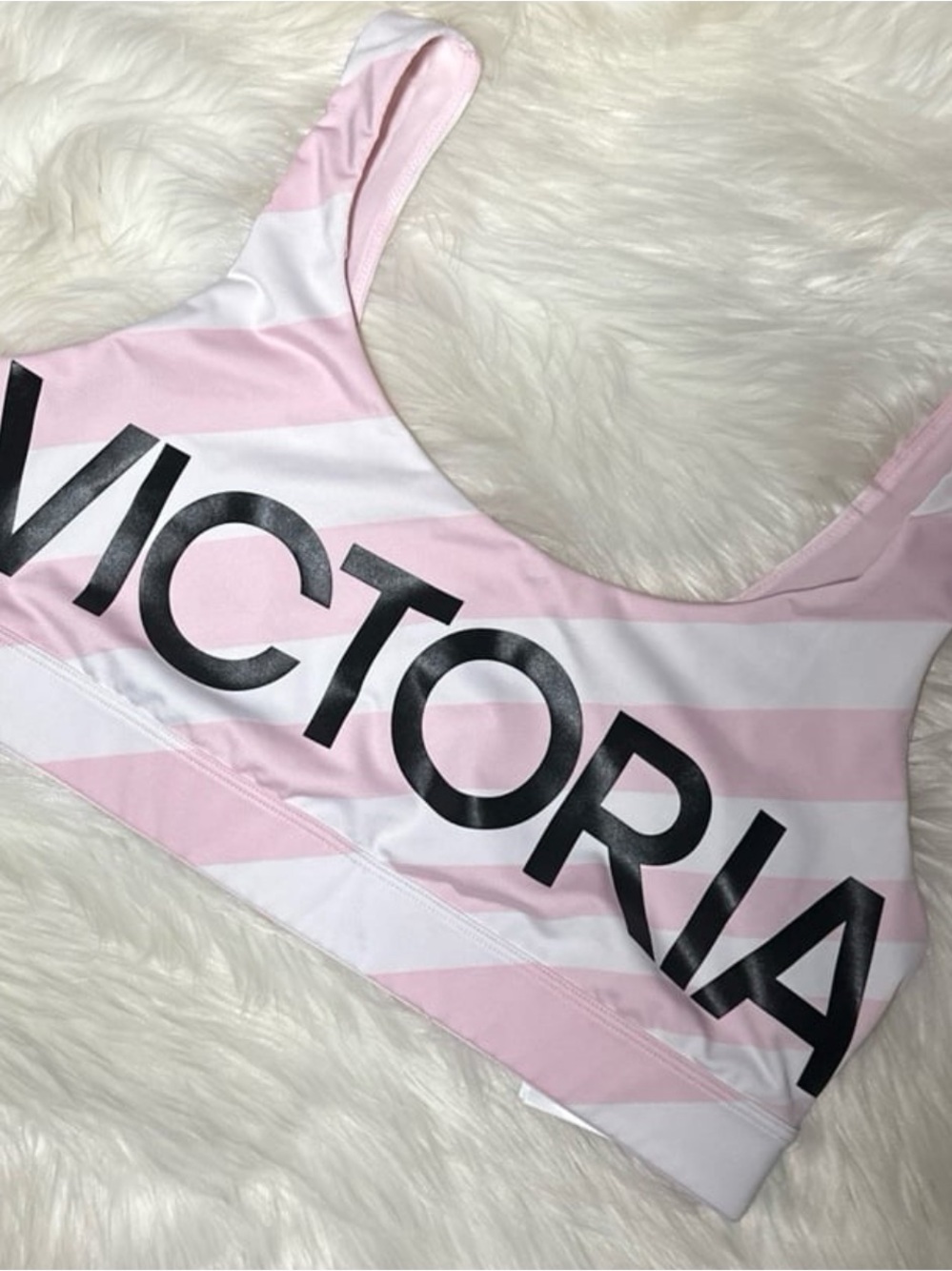 Victoria Secret Sport | Pink & White Striped | Logo Scooped & Lined Sports Bra